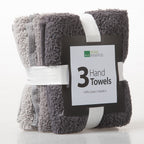 Pack of three gray hand towels with a label on a white background