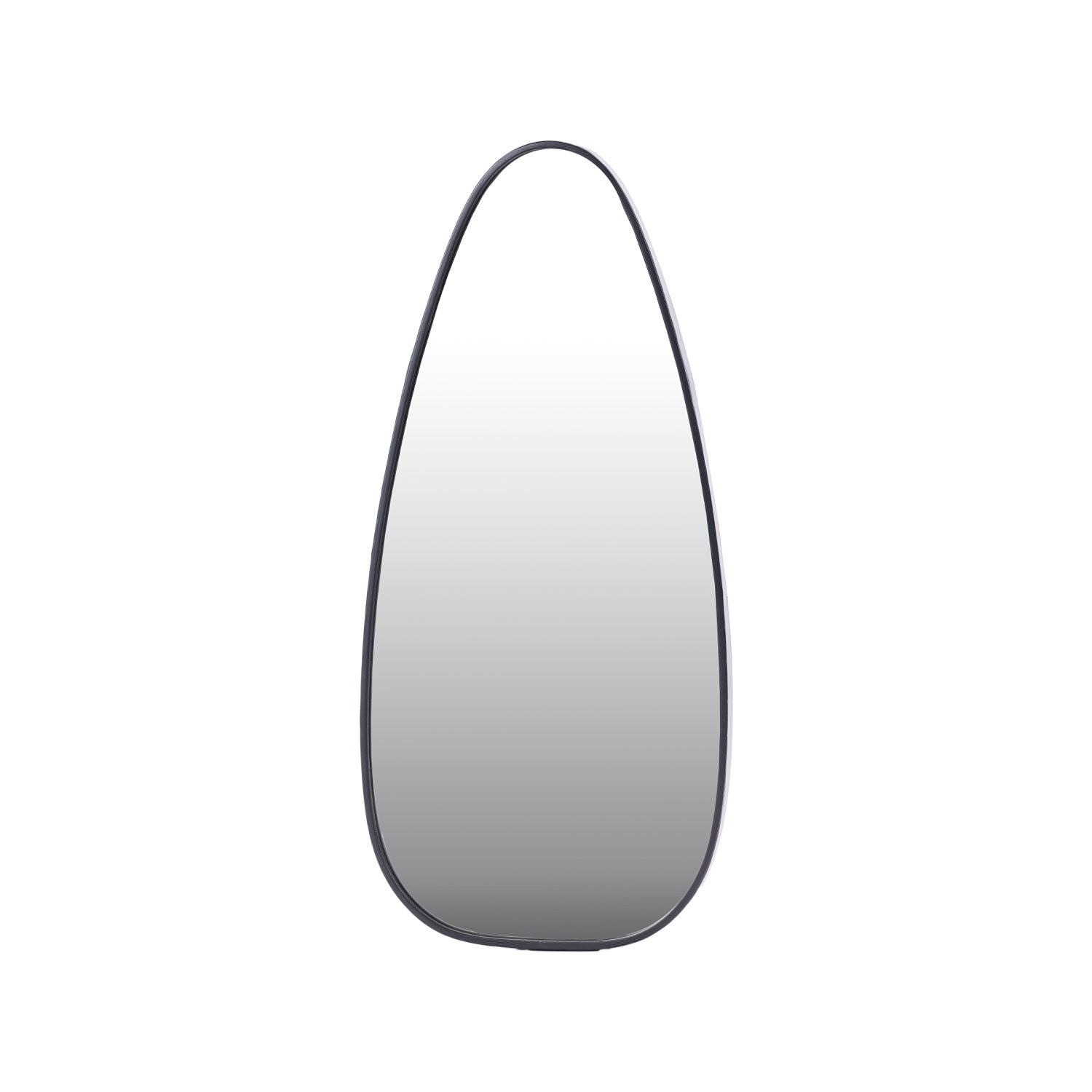 Black irregular pebble-shaped wall mirror with a slim metal frame and organic asymmetrical silhouette.