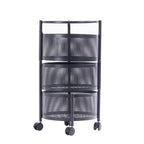 Black metal three-tier vegetable storage trolley with perforated mesh baskets, swivel wheels, and a round top shelf.