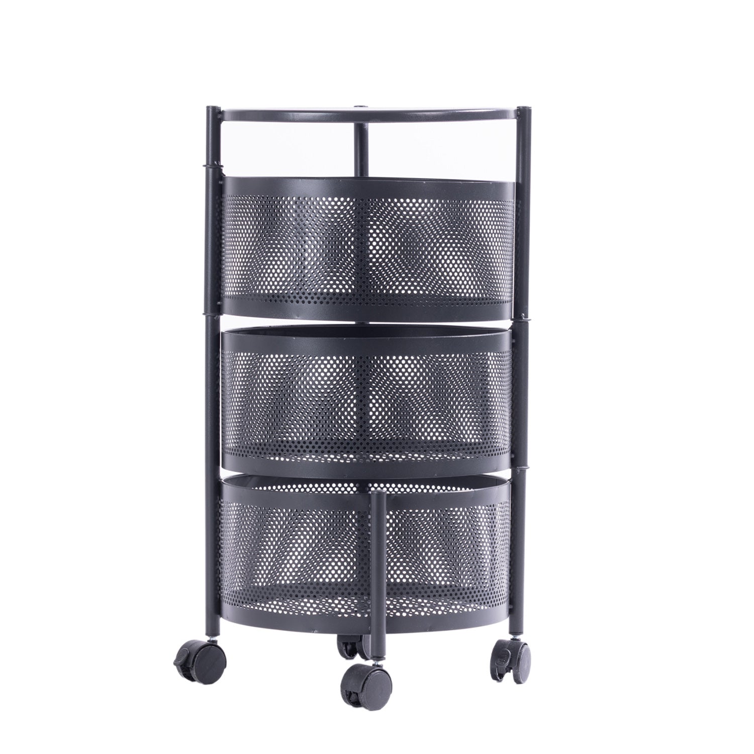 Black metal three-tier vegetable storage trolley with perforated mesh baskets, swivel wheels, and a round top shelf.