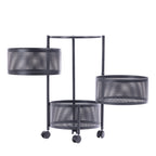 Black metal vegetable storage trolley with three perforated mesh baskets rotated open to show accessible storage compartments.