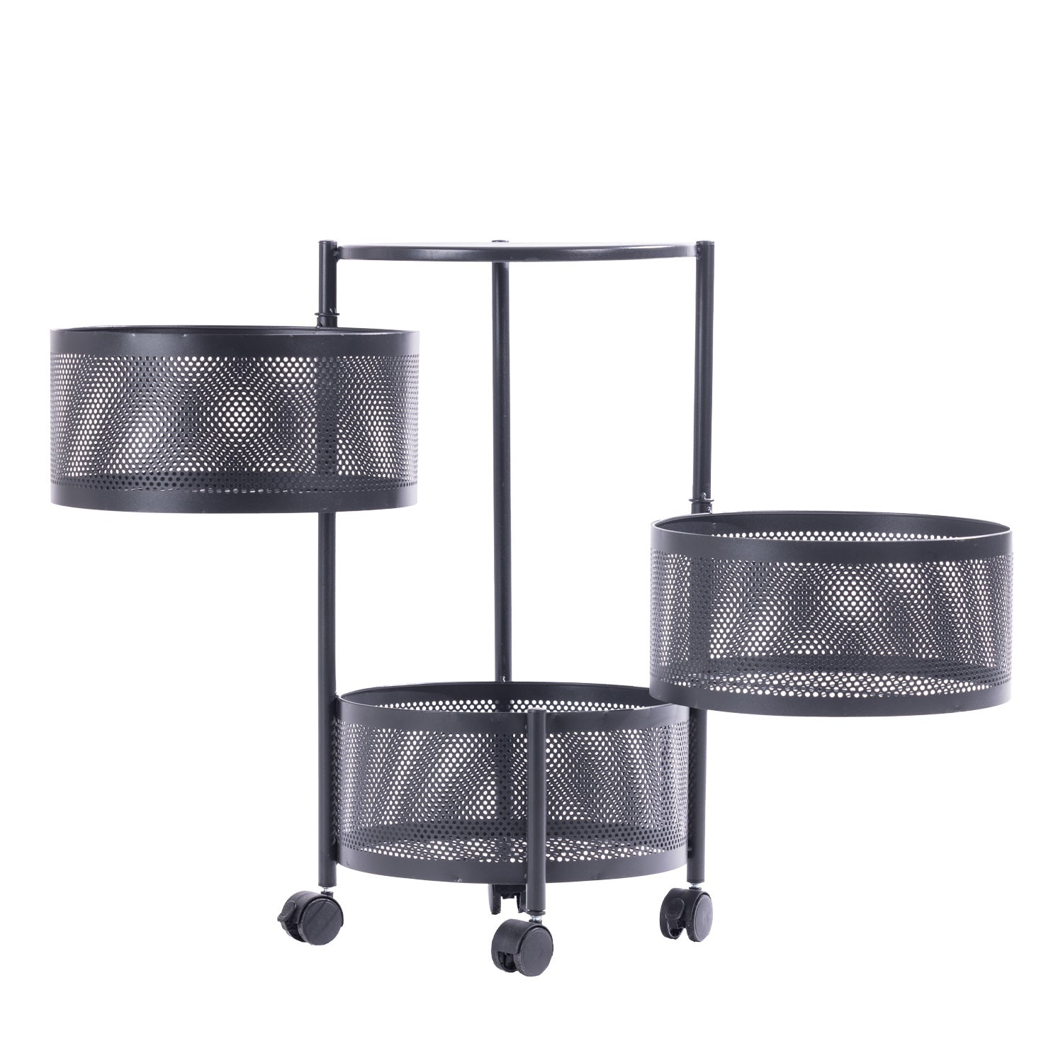 Black metal vegetable storage trolley with three perforated mesh baskets rotated open to show accessible storage compartments.