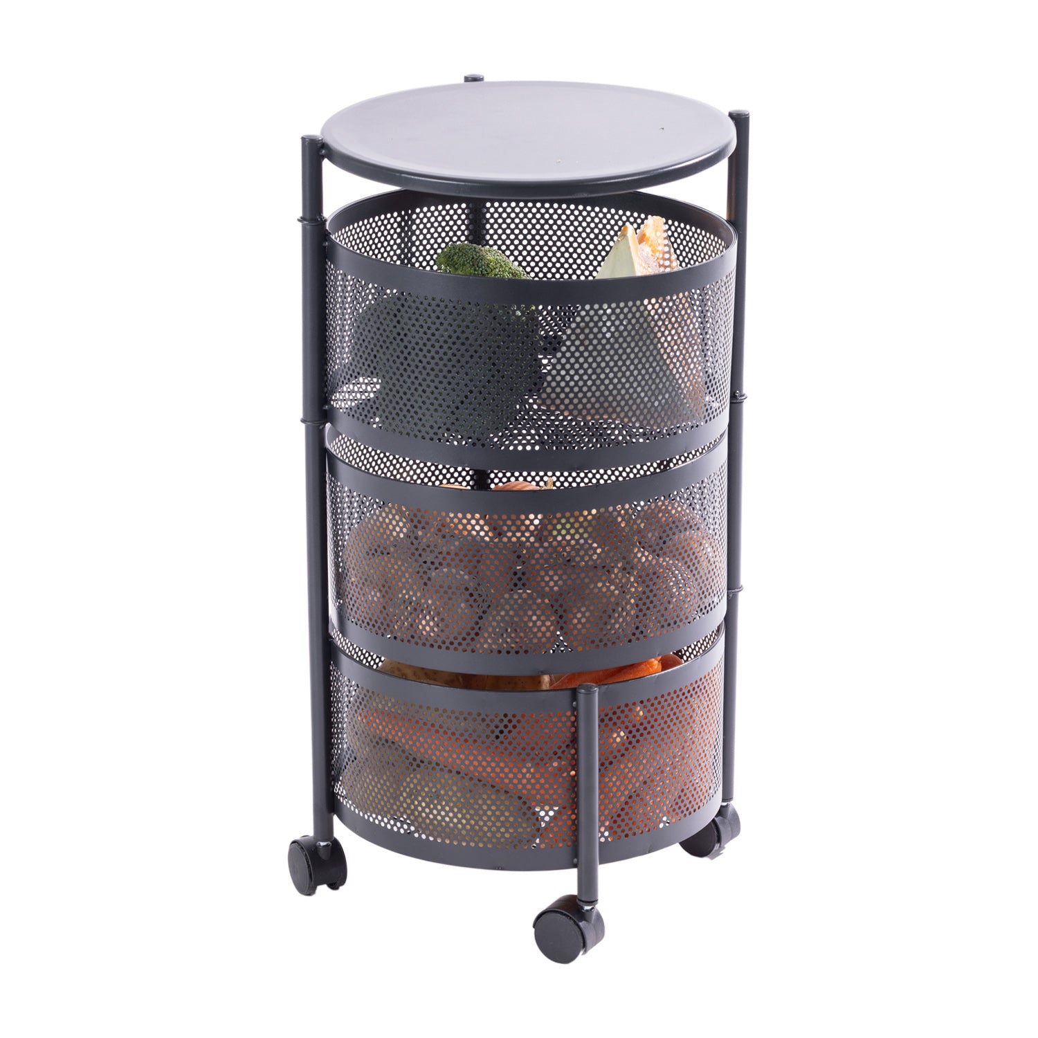 Black three-tier metal vegetable storage trolley filled with vegetables and fruit, featuring rotating mesh baskets and caster wheels.