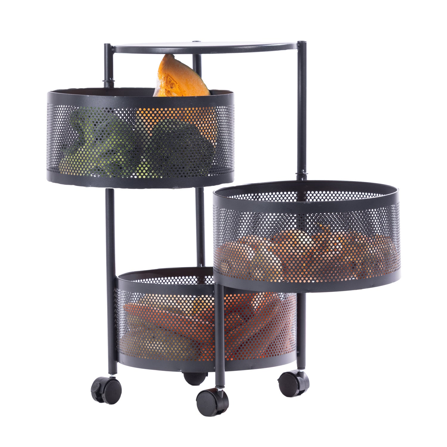 Black metal vegetable storage trolley with three rotating mesh baskets displayed open and filled with fresh produce.