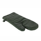 A dark green quilted oven mitt with a textured silicone grip and hanging loop is displayed against a clean white background.