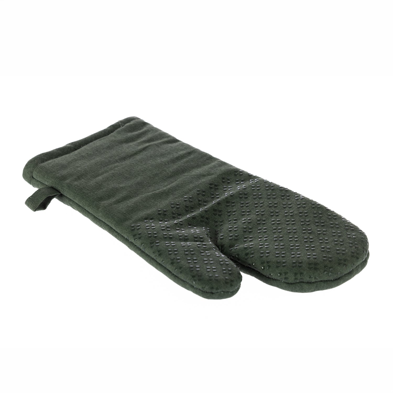 A dark green quilted oven mitt with a textured silicone grip and hanging loop is displayed against a clean white background.