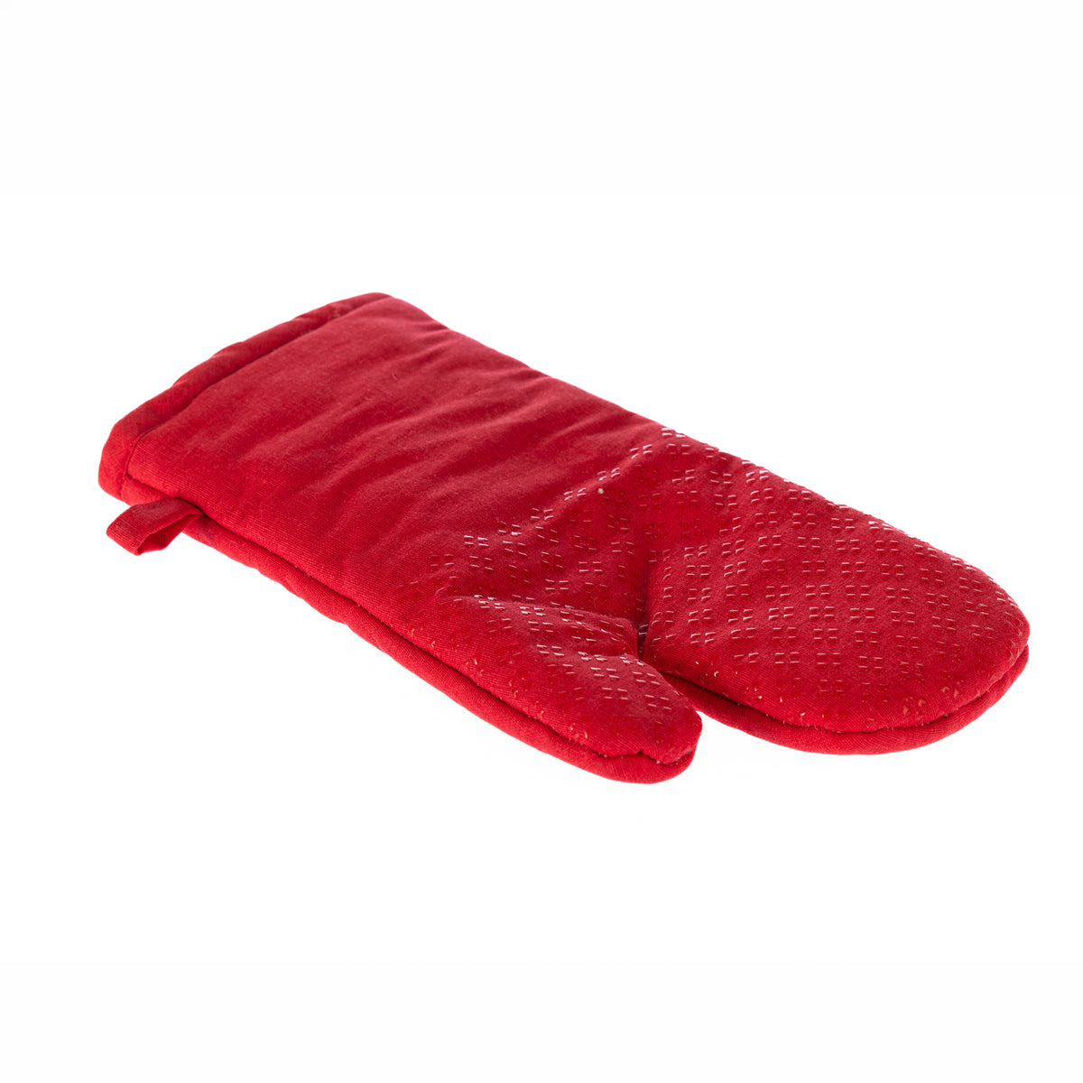 A red quilted oven mitt with a textured silicone grip and hanging loop is displayed against a clean white background.