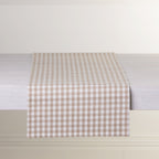 Gather Vichy Checks fused table runner in Brown/Cream displayed across a white dining table.