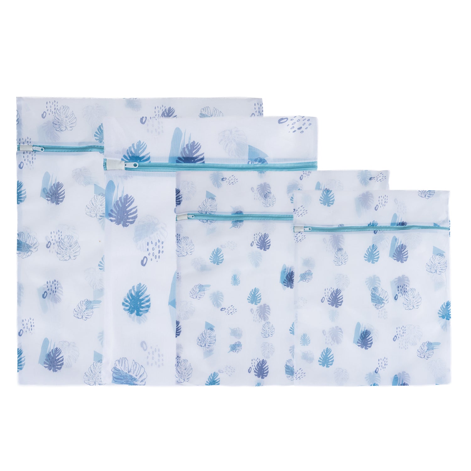 A set of reusable mesh laundry bags in assorted sizes features a blue tropical leaf print and secure zip closures to help protect delicate clothing during washing.