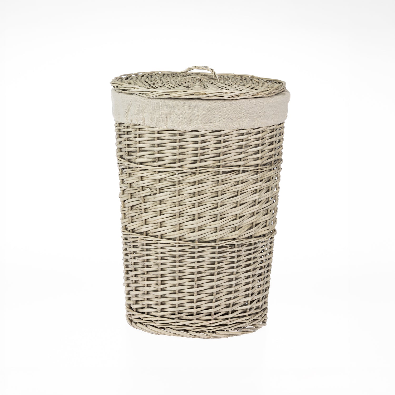 Small rectangular wicker laundry hamper with a woven lid, natural fabric lining, and natural wicker finish, displayed against a light grey background.