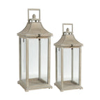 Design Republique Ivona Garden Candle Lanterns 2 Piece Natural set featuring two wooden lanterns with glass panels and metal tops.
