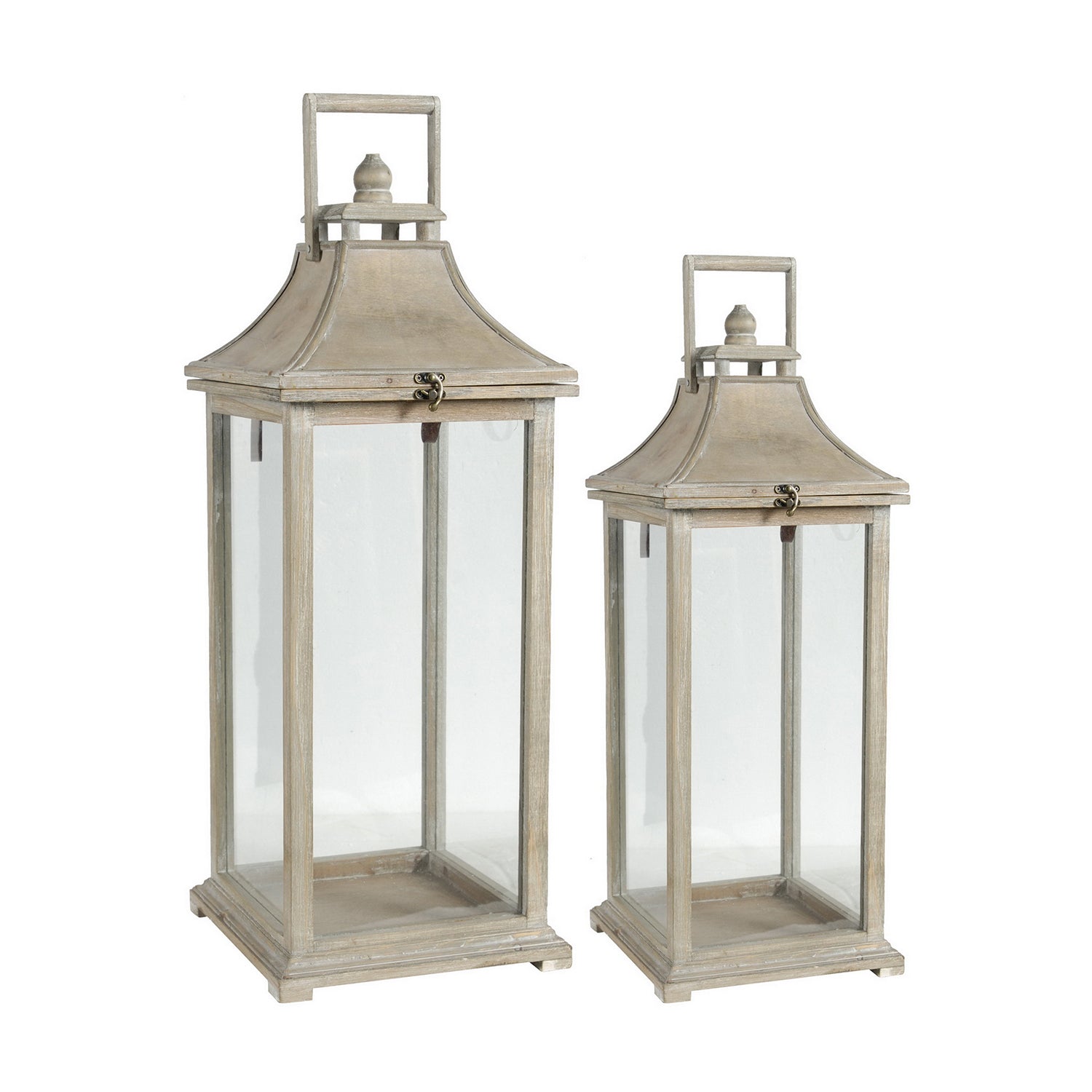 Design Republique Ivona Garden Candle Lanterns 2 Piece Natural set featuring two wooden lanterns with glass panels and metal tops.