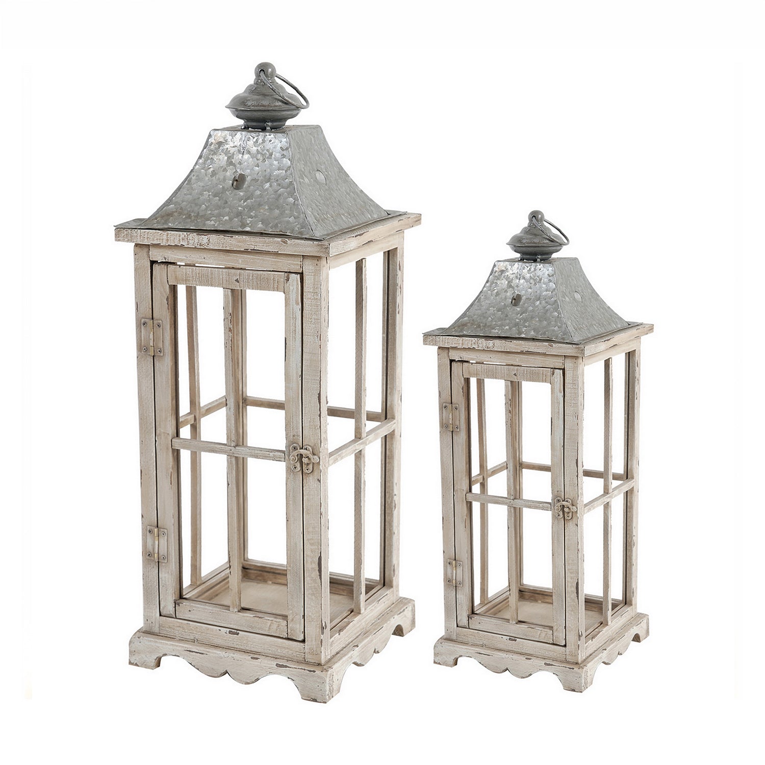 Design Republique Evelyn Lantern 2 Piece Natural set featuring two wooden and metal lanterns with glass panels.