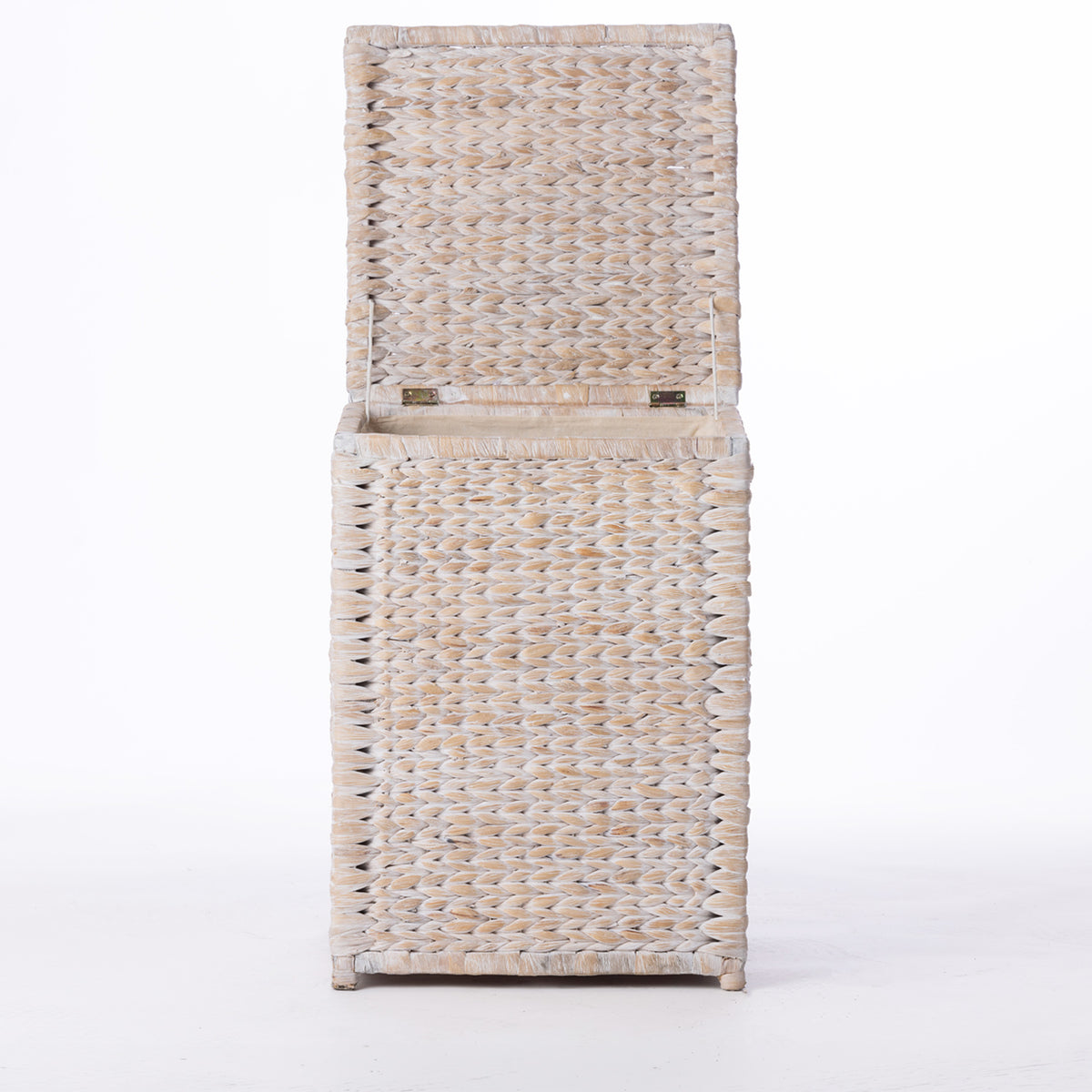 Cove Wilder Hamper Large in White Wash shown open, revealing the spacious interior and hinged lid.
