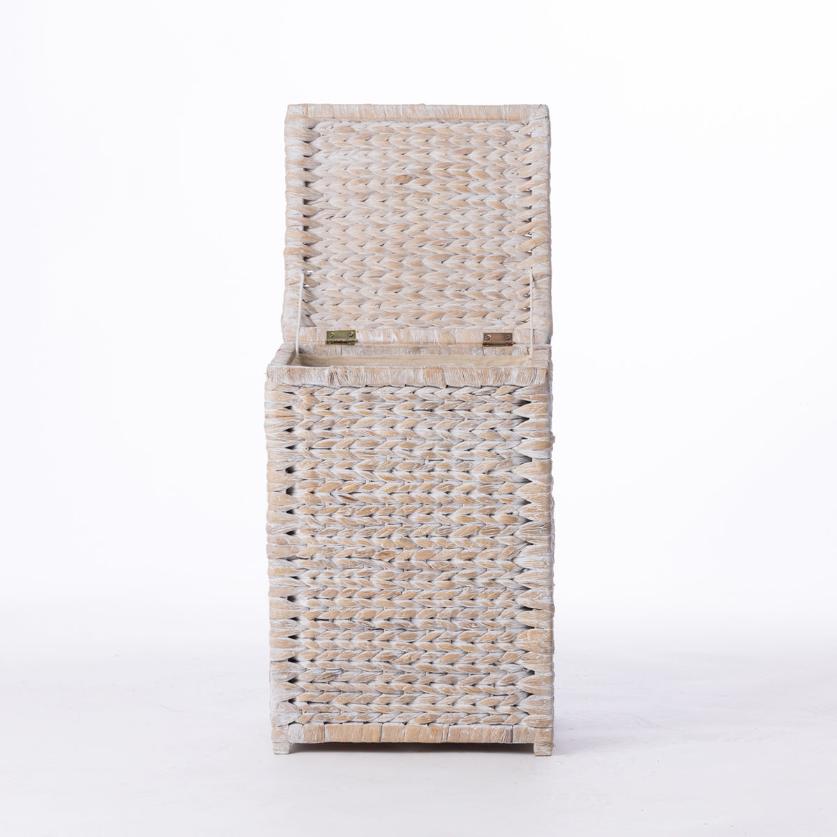 Cove Wilder Hamper Small in White Wash shown open, displaying the interior storage space and hinged lid.