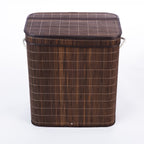 Design Republique Ranger Double Bamboo Hamper in Walnut, front view featuring dark brown bamboo slats, a matching fitted lid and white rope side handles.