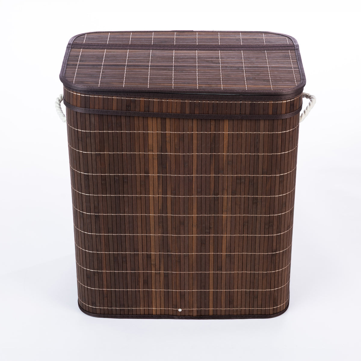 Design Republique Ranger Double Bamboo Hamper in Walnut, front view featuring dark brown bamboo slats, a matching fitted lid and white rope side handles.