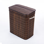 Design Republique Ranger Double Bamboo Hamper in Walnut, angled view highlighting the dark brown bamboo slats, matching fitted lid and white rope side handle.