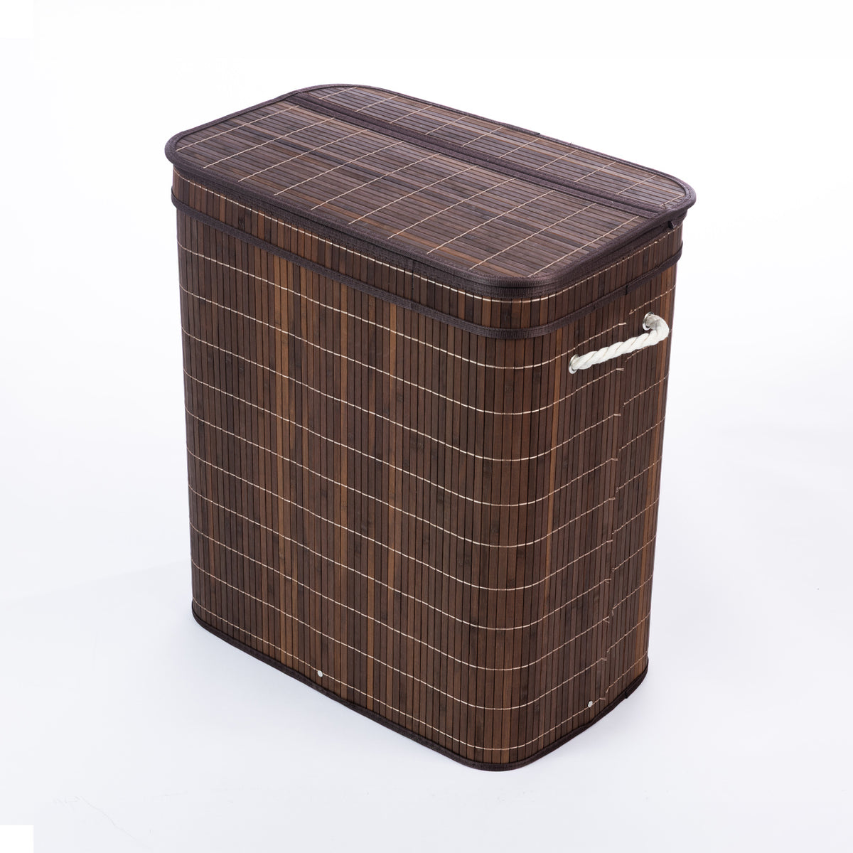 Design Republique Ranger Double Bamboo Hamper in Walnut, angled view highlighting the dark brown bamboo slats, matching fitted lid and white rope side handle.