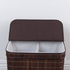 Design Republique Ranger Double Bamboo Hamper in Walnut, front close-up with the lid open, highlighting the two fabric-lined compartments and dark brown trim.
