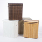 Design Republique Bamboo Hampers displayed in White, Walnut, Grey and Natural, featuring rectangular bamboo designs with fitted lids and rope handles.