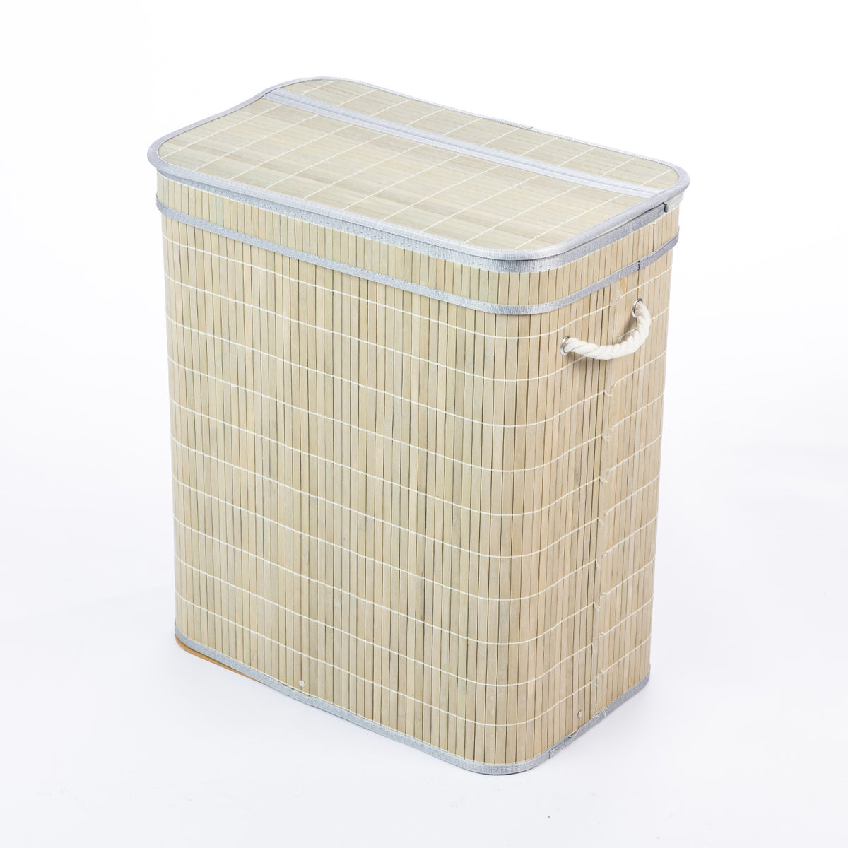 Design Republique Ranger Double Bamboo Hamper in Grey, angled view featuring light grey bamboo slats, a matching fitted lid, grey trim and white rope side handles.