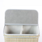 Design Republique Ranger Double Bamboo Hamper in Grey, close-up with the lid open, revealing two separate fabric-lined compartments for sorting laundry.