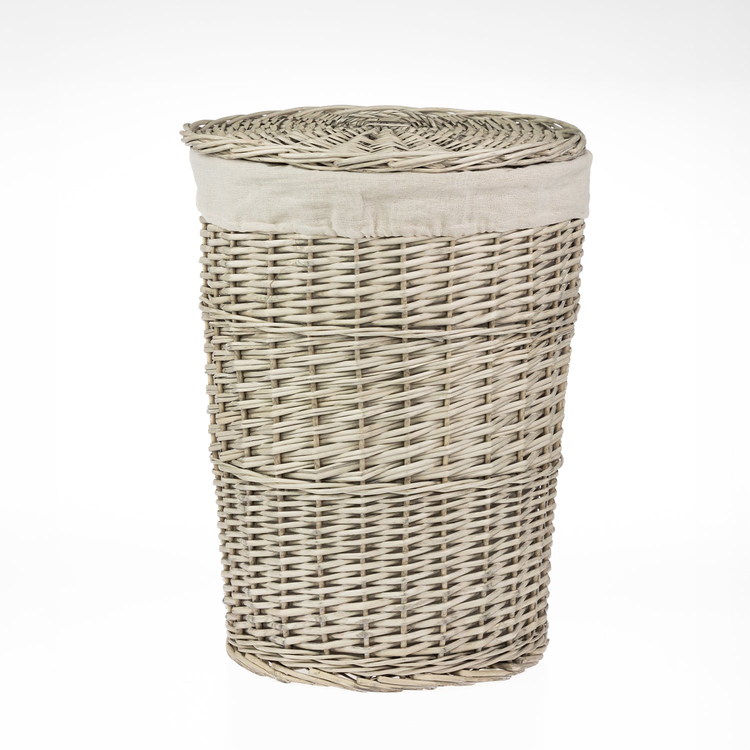 Large Cove Nettie wicker laundry hamper with a natural woven finish, removable linen lining, and matching woven lid.