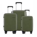 Three-piece forest green hardshell spinner luggage set with telescoping handles and four wheels, shown on a clean white background.