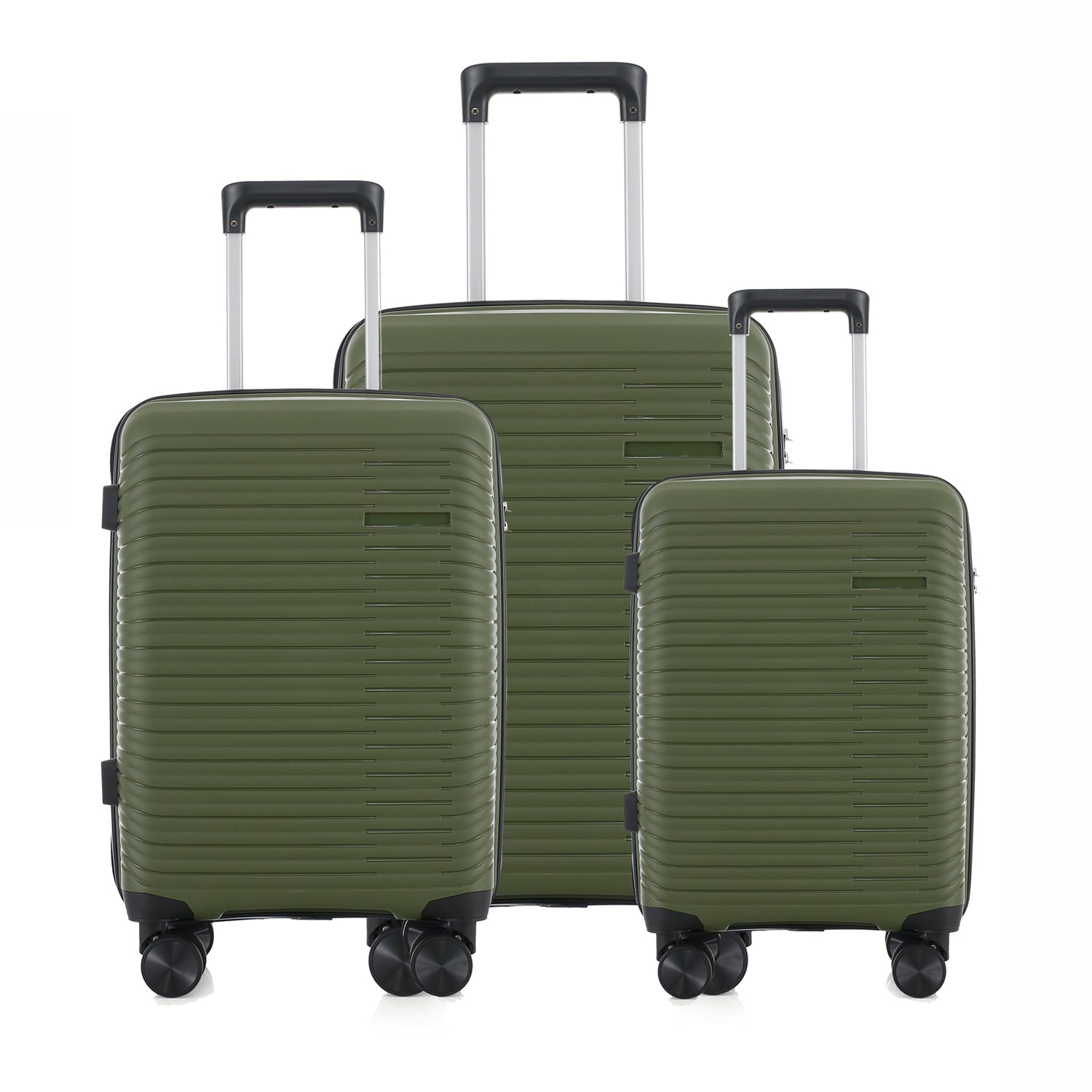 Three-piece forest green hardshell spinner luggage set with telescoping handles and four wheels, shown on a clean white background.