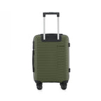 An forest green hardshell spinner suitcase with a telescopic silver handle and black wheels, shown on a plain white background.