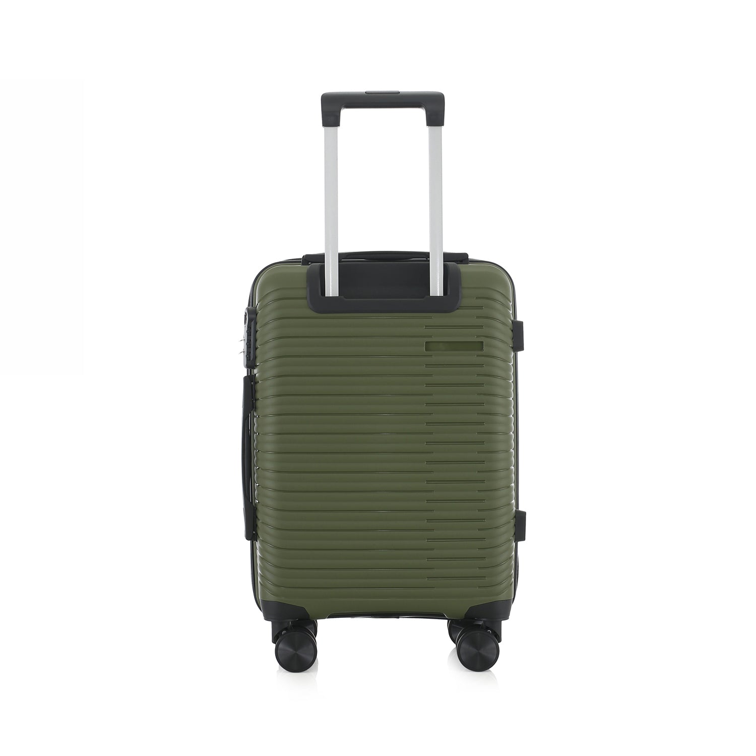 An forest green hardshell spinner suitcase with a telescopic silver handle and black wheels, shown on a plain white background.