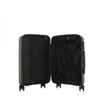 An opened forest green hardshell spinner suitcase with a telescopic silver handle and black wheels, shown on a plain white background.