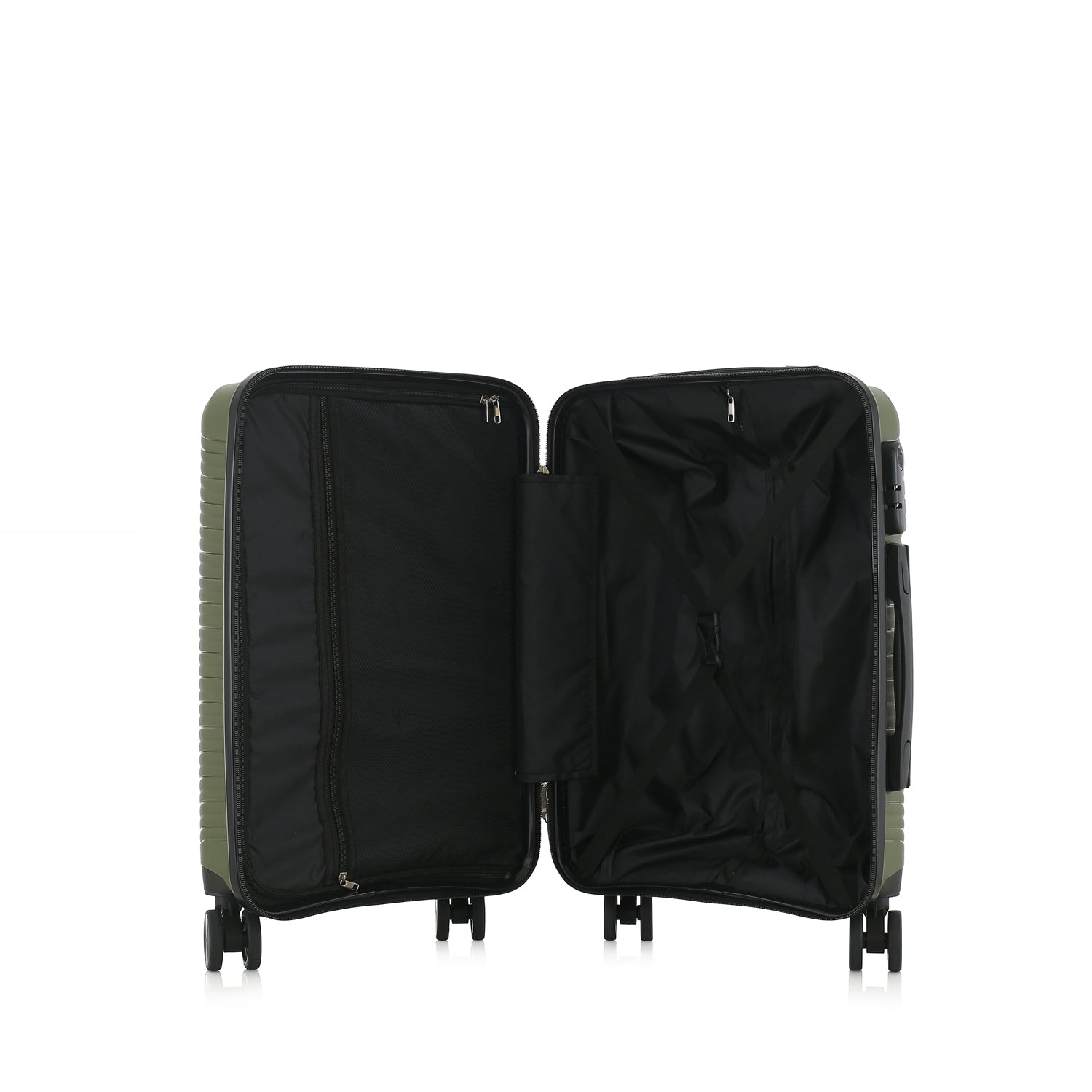 An opened forest green hardshell spinner suitcase with a telescopic silver handle and black wheels, shown on a plain white background.
