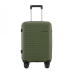 An forest green hardshell spinner suitcase with a telescopic silver handle and black wheels, shown on a plain white background.