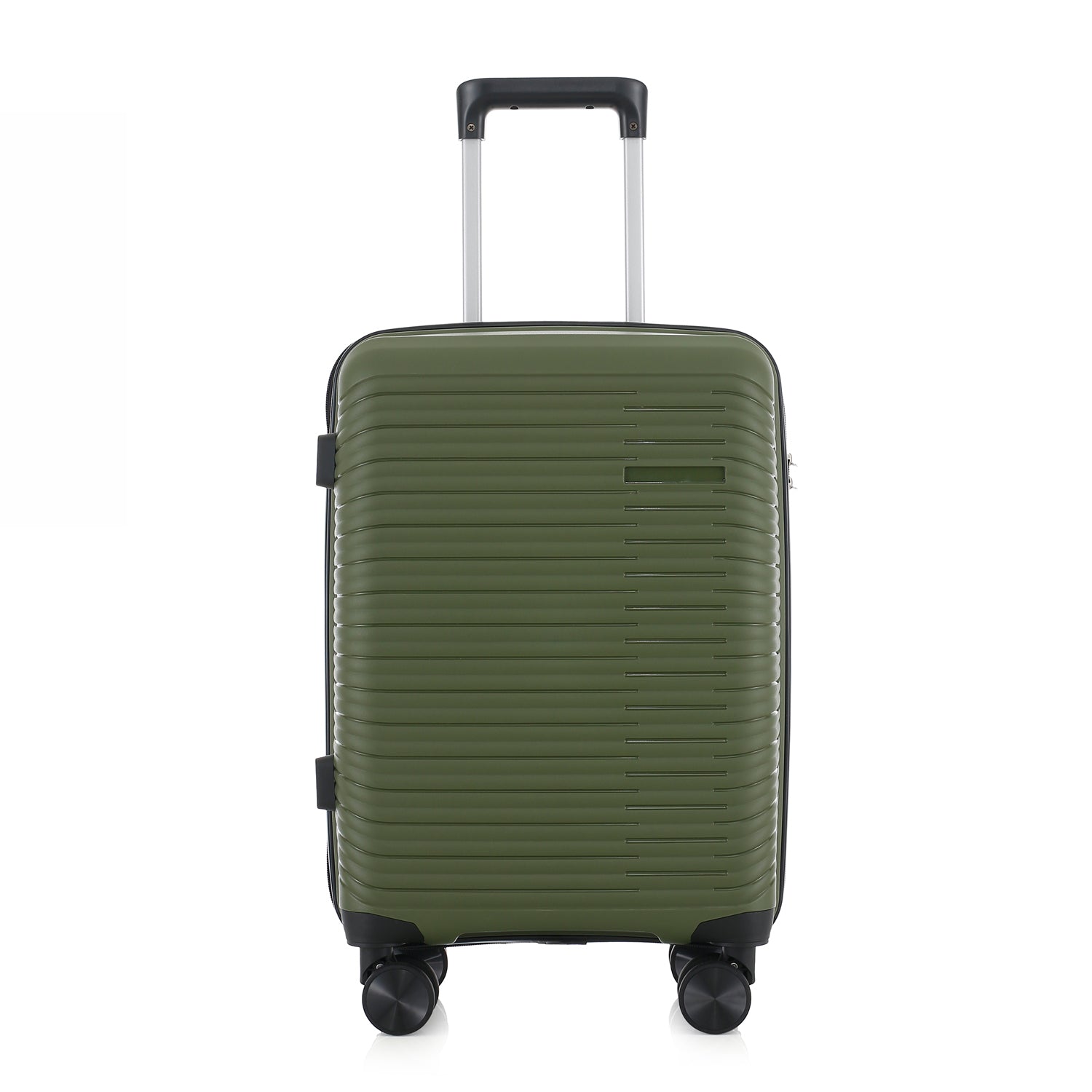 An forest green hardshell spinner suitcase with a telescopic silver handle and black wheels, shown on a plain white background.