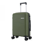 An forest green hardshell spinner suitcase with a telescopic silver handle and black wheels, shown on a plain white background.