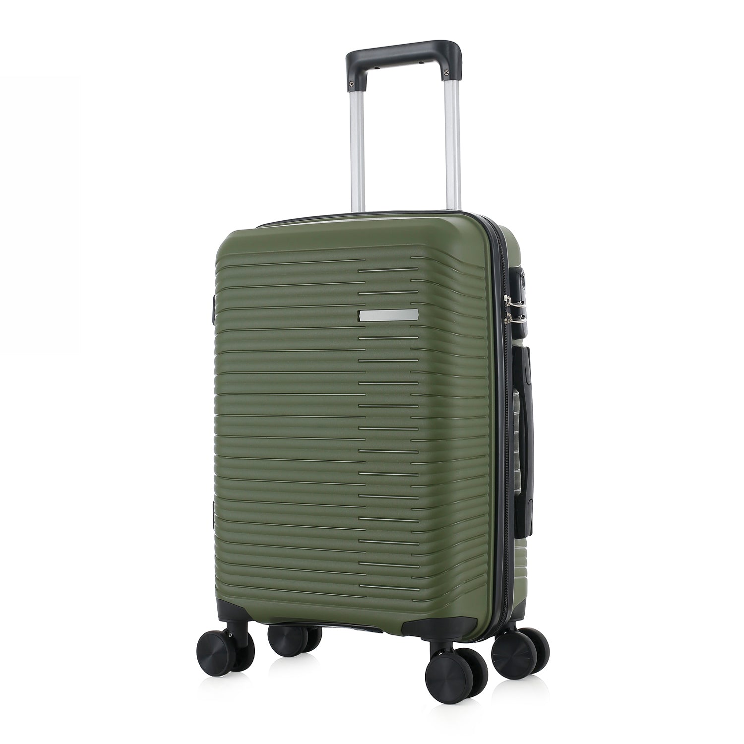 An forest green hardshell spinner suitcase with a telescopic silver handle and black wheels, shown on a plain white background.