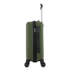 An forest green hardshell spinner suitcase with a telescopic silver handle and black wheels, shown on a plain white background.