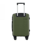 An forest green hardshell spinner suitcase with a telescopic silver handle and black wheels, shown on a plain white background.