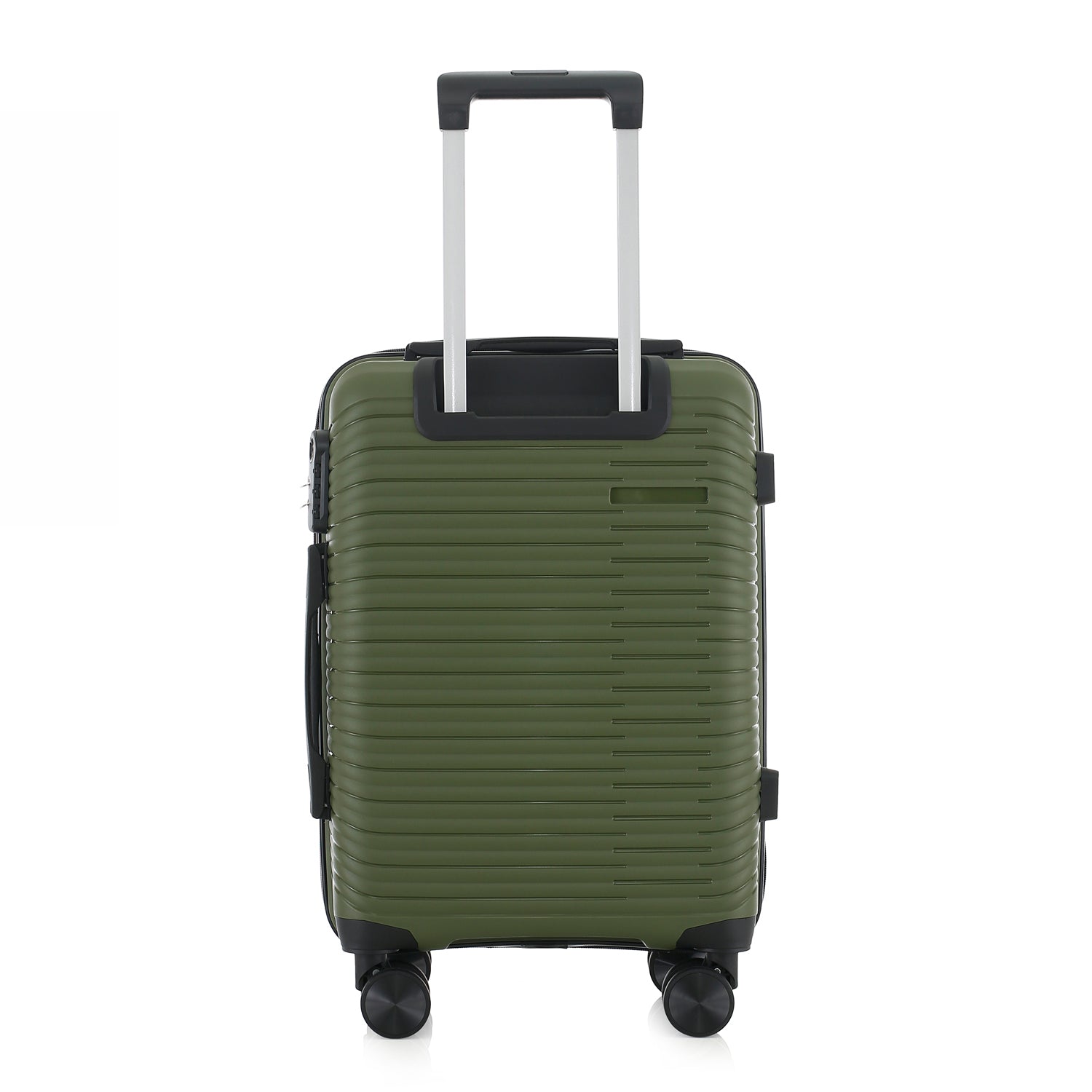 An forest green hardshell spinner suitcase with a telescopic silver handle and black wheels, shown on a plain white background.