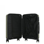 An opened forest green hardshell spinner suitcase with a telescopic silver handle and black wheels, shown on a plain white background.
