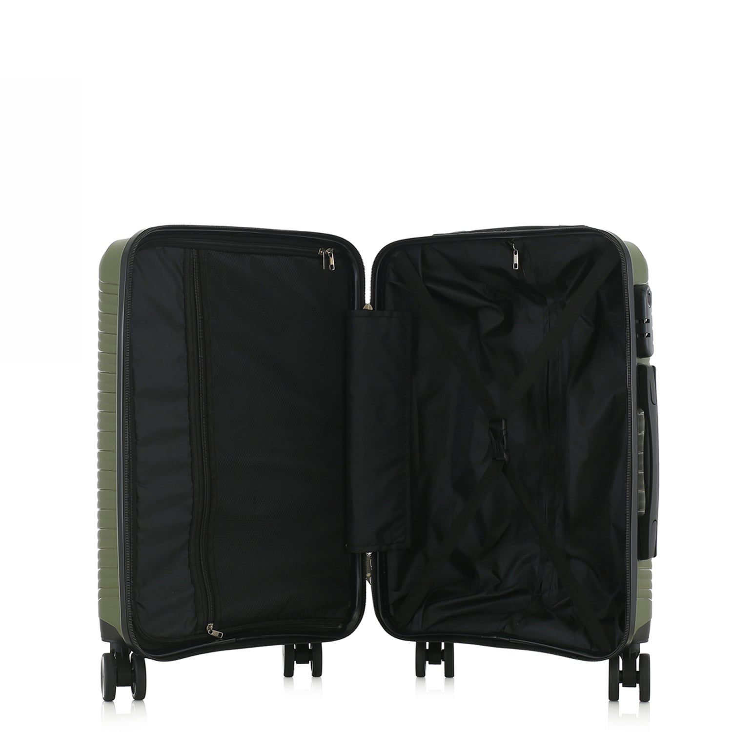 An opened forest green hardshell spinner suitcase with a telescopic silver handle and black wheels, shown on a plain white background.