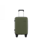 An forest green hardshell spinner suitcase with a textured horizontal rib design, featuring an extended silver telescopic handle and black wheels, shown against a plain white background.