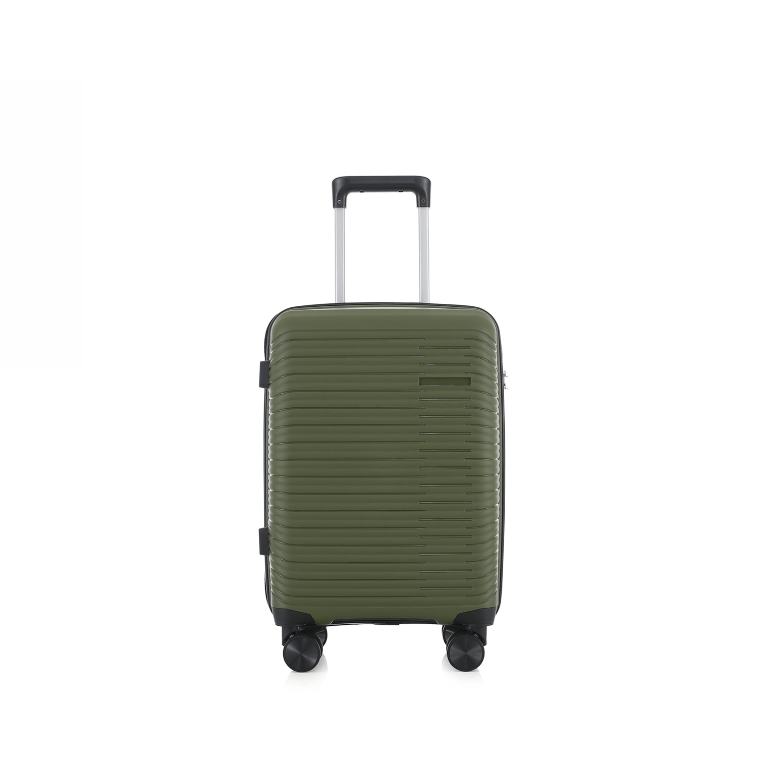 An forest green hardshell spinner suitcase with a textured horizontal rib design, featuring an extended silver telescopic handle and black wheels, shown against a plain white background.