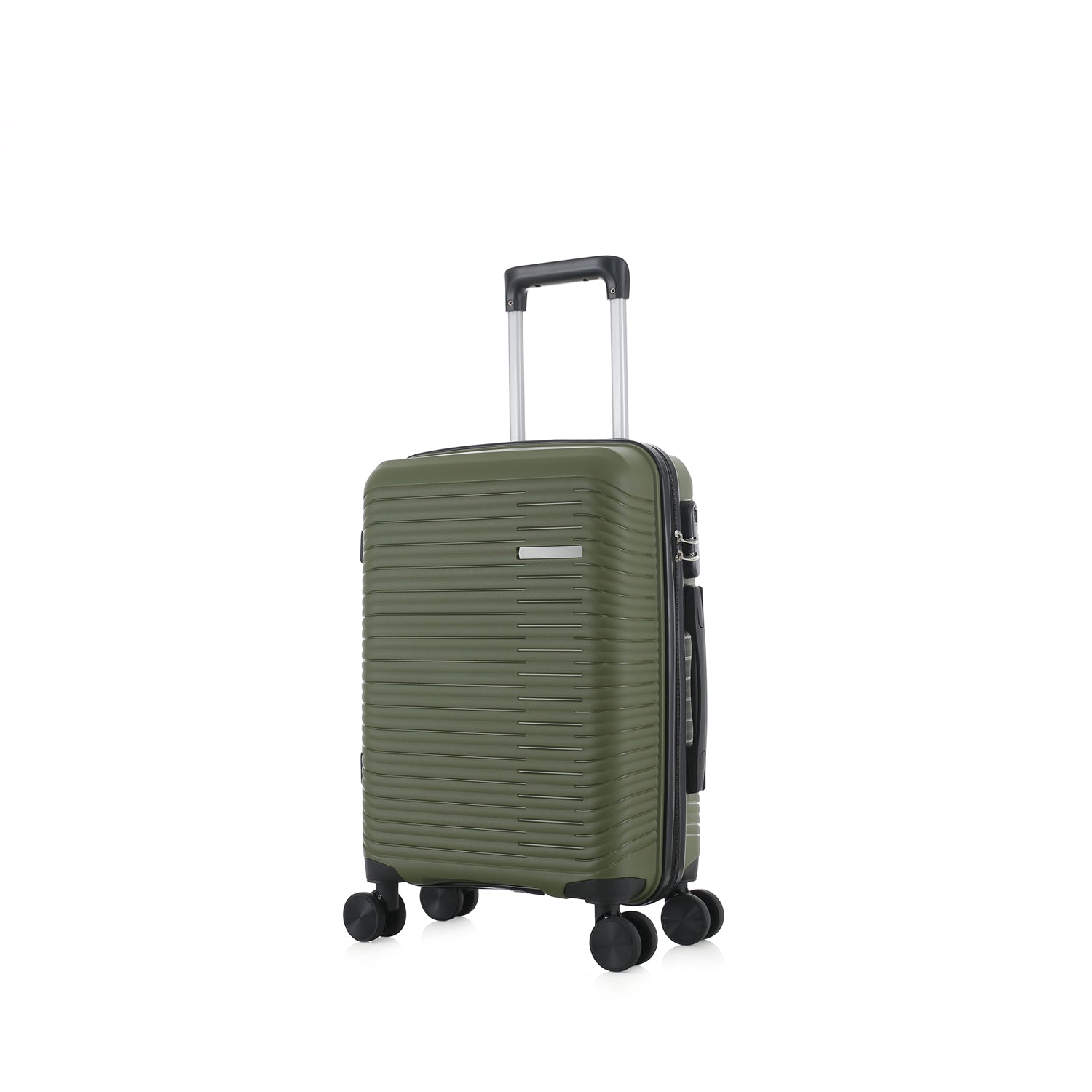 An forest green hardshell spinner suitcase with a telescopic silver handle and black wheels, shown on a plain white background.