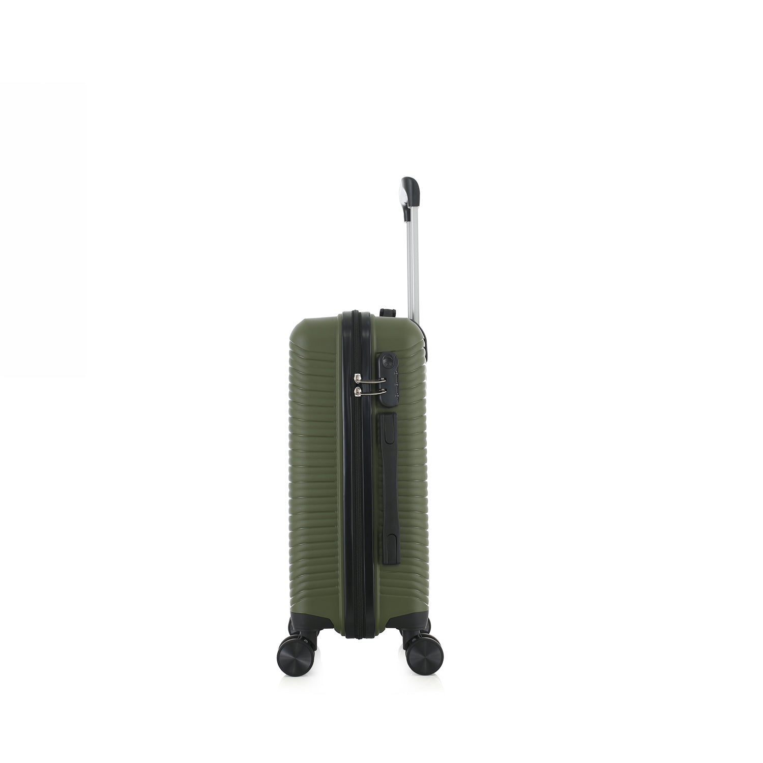 An forest green hardshell spinner suitcase with a telescopic silver handle and black wheels, shown on a plain white background.