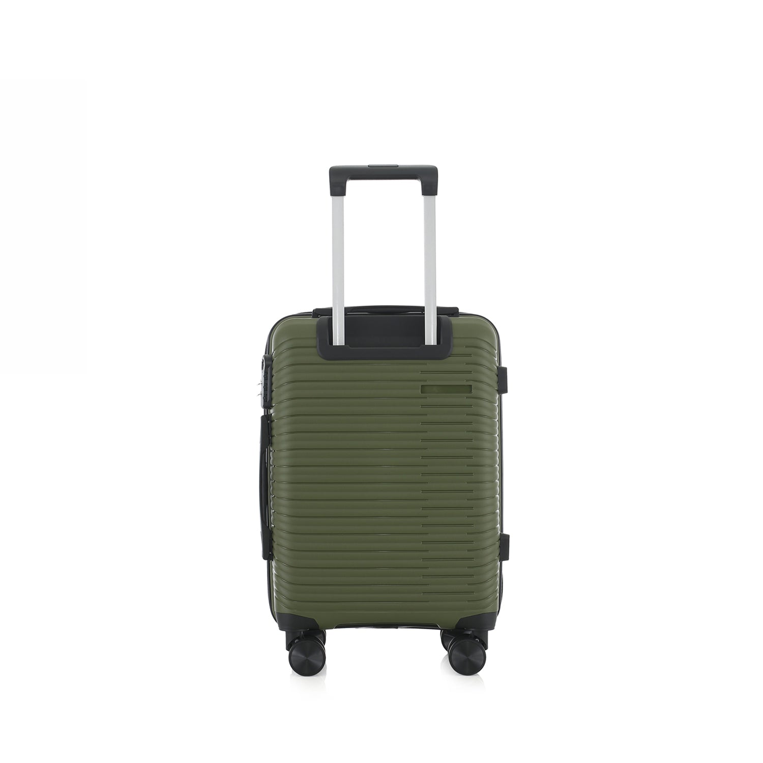 An forest green hardshell spinner suitcase with a telescopic silver handle and black wheels, shown on a plain white background.