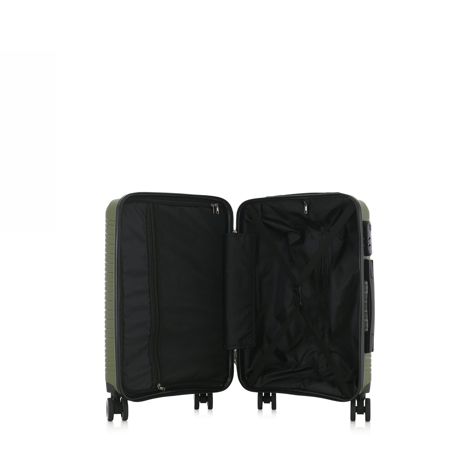 An opened forest green hardshell spinner suitcase with a telescopic silver handle and black wheels, shown on a plain white background.