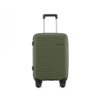 An forest green hardshell spinner suitcase with a telescopic silver handle and black wheels, shown on a plain white background.